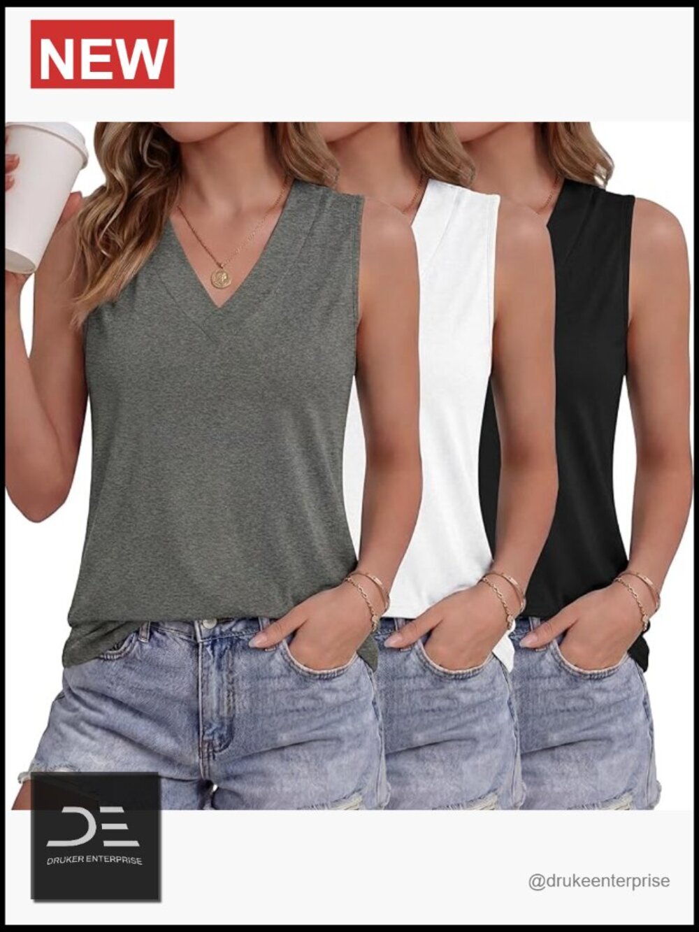 3 Pack Sleeveless V Neck Tank Tops Loose Fit Flowy Summer Beach Vacation Clothes